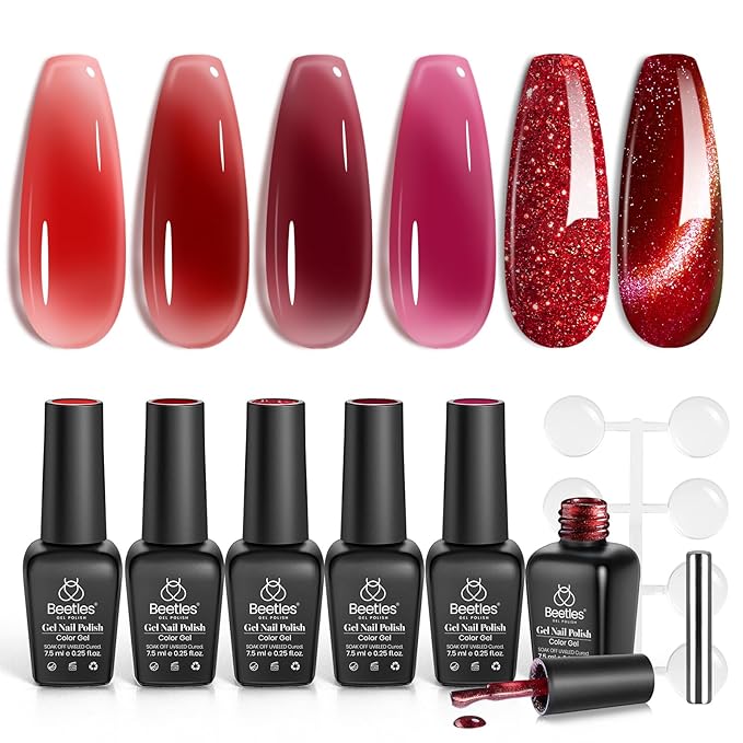 Beetles Red Gel Nail Polish Set, Gel Polish 6 Colors Cat Eye Glitter Burgundy Bright Jelly with Magnet, Soak Off LED Lamp DIY Salon at Home Manicure Gifts for Women Red Revival