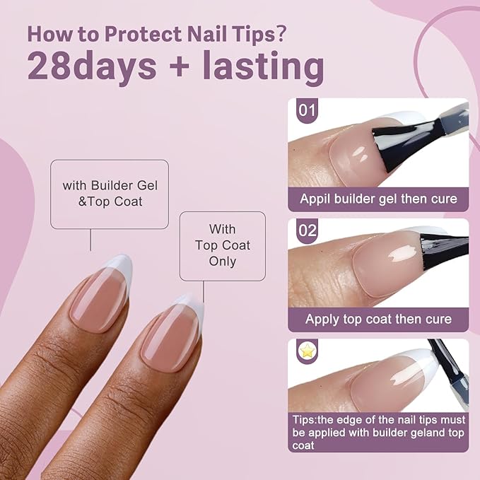 Gel French Tip Nails Medium Almond French Tip Press on Nails SXVME White French Nail Tips 300Pcs Pre-applied Tip Primer Natural Brown Fake Nails Extensions Gel Nail Kit for Women Girls DIY
