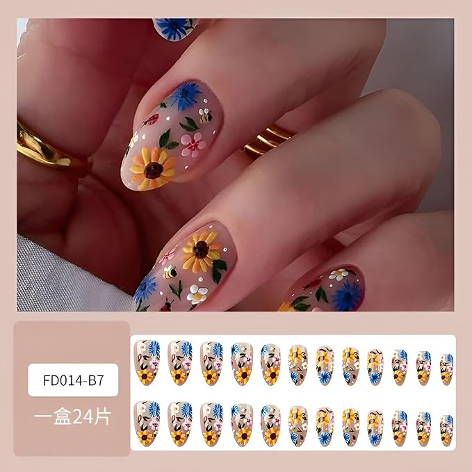 Flower Press on Nails Medium Almond Fake Nails Colorful Flower Nails Press Ons Glossy False Nails Summer Spring Glue on Nail DIY Acrylic for Women and Girls Decorations Set 24Pcs