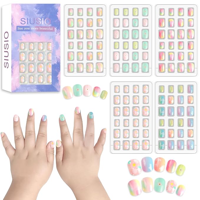 SIUSIO 120Pcs 5 Pack Press on Nails kids Children Acrylic Fake Nails Cute Pre-glue Full Cover Gradient Color Rainbow Short Stick On False Nail Art Kits Set for Kids Little Girls - Gradient Paradise