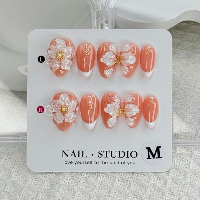 Handmade Press on Nails Medium Almond White French Acrylic Nails 3D Flower Embossed False Nails Reusable 3D Flower and Pearl Handmade for Girls Manicure Art Decoration Accessories (Size M)