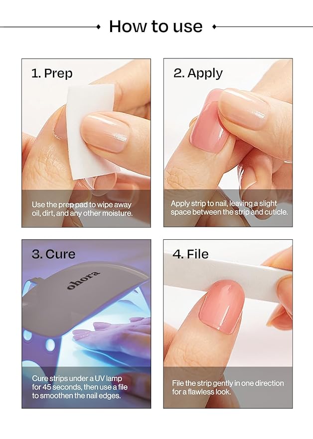 ohora Semi Cured Nail Strips (N Eternal Shine) - Works with Any UV/LED Lamps, Salon-Quality, Long Lasting, Easy to Apply & Remove - Includes 2 Prep Pads, Nail File & Wooden Stick