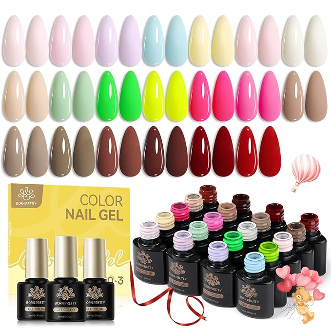 BORN PRETTY Pastel Gel Nail Polish Set 23Pcs -Spring Summer Easter Gift Collection Macaron Candy Sweet Nude Pink Green Yellow Purple Neon Hot Pink Gel Polish Kit with Base & Glossy Matte Top Coat