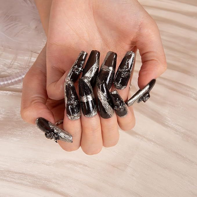 LOVFUL Press on Nails THE EDGE | Handmade with Full Covered Crystals | Reusable Full Cover Nails | Coffin Classic Regular 1.3 in | H283-M