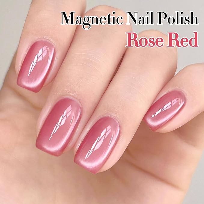 Double Rhythm 0.5 Oz Cat Eye Gel Polish with Magnet Same Color Same Bottle Holographic Glitter Shimmer Translucent Color Salon 15 ML Magnetic Nail Art (Rose Red-MC1170)