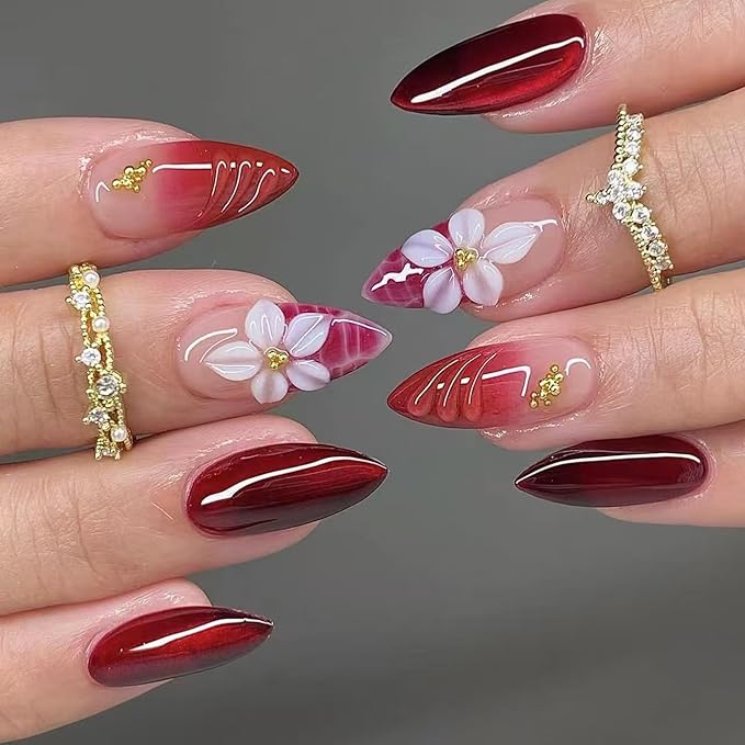 Red Press on Nails Medium Almond, Fake Nails with 5D Flower Design, Glossy Ombre Glue on Nail, Water Ripple French Tips Nails, Press ons Reusable, Gold Beads Acrylic Nail for Women Manicure