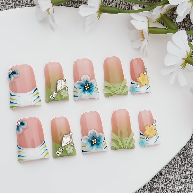 10Pcs Handmade Press on Nails Short Duck Nails Press ons Green French Tip with 3D Floral Rhinestone Design Stick on Nails for Women Nails Art (Whisper in Blush & Mints,M)