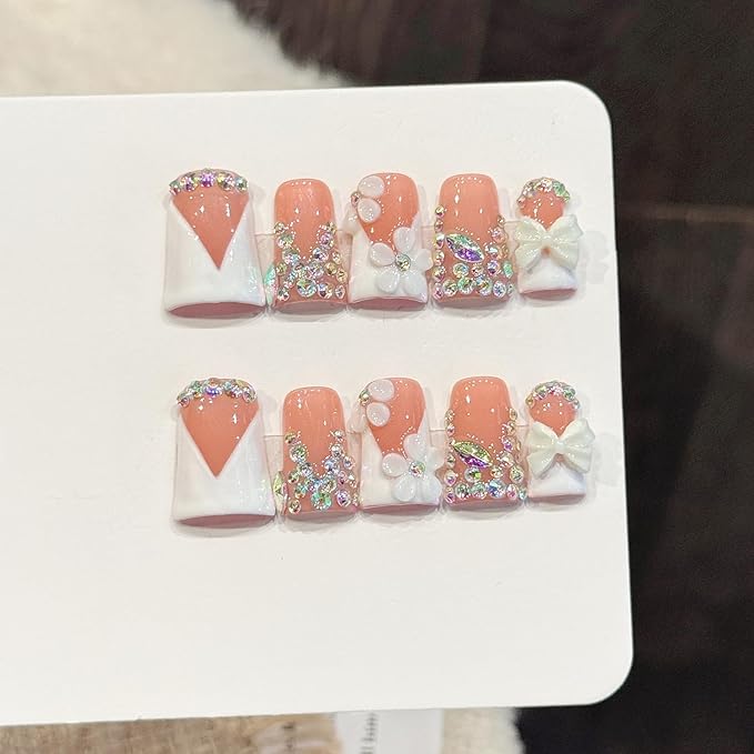 10Pcs Medium Handmade Press on Nails Duck Fake Nails French Diamond Bow Design False Nail White Full Cover Glue on Nail for Women