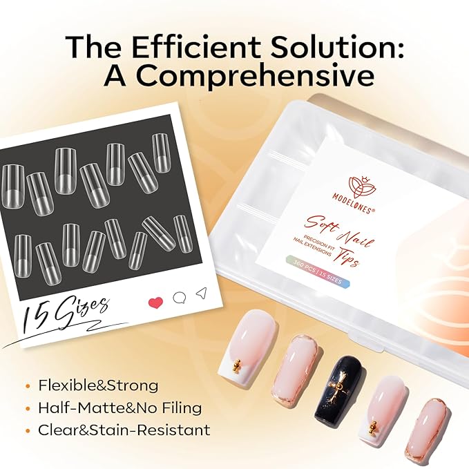 modelones Medium Square Gel Nail Tips, 360pcs Pre-etched Clear Fake Nails Press On Full Cover Half Matte 15 Sizes Acrylic Gel Tips for Extension Salon