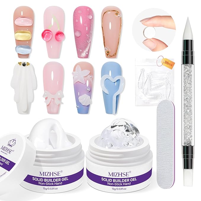 MIZHSE Solid Builder Gel for Nails, Non-Sticky Clear and White 3D Nail Art, Sculpting Building Hard Gel with Dual Form Silicone Pen for Carving Patterns Decoration Nail Art Manicure Home DIY