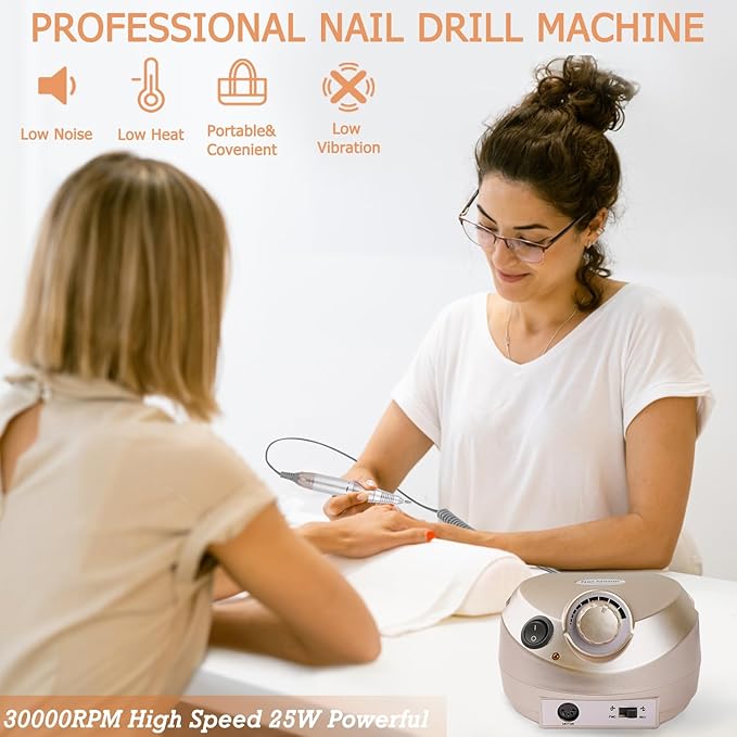 Portable Electric Nail Drill, 30000RPM Nail Drill with 6 NailDrill Bits and Sanding Bands, Nail File Kit for Acrylic, Gel Nails, Dip Powder, Manicure and Pedicure for Home Salon Use, Golden