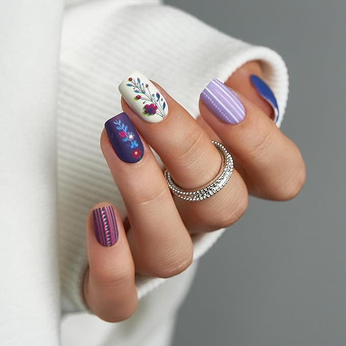 CurvLife Press On Nails Short Squoval, Reusable Soft Gel Fake Nails, Blue Purple Floral Pattern Glue On Nails with Adhesive Tabs, Salon Quality Natural Fit for Women Girls