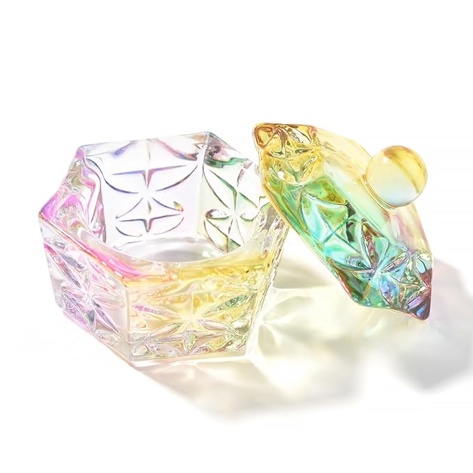 Nail Dappen Dish for Acrylic Powder Liquid Glass Crystal Dappen Dish Nail Art Crystal Cup for Acrylic Powder Liquid Manicure Brush Cleaning Bowl Cup Jewlery Tray (1pc Iridescent Dish)