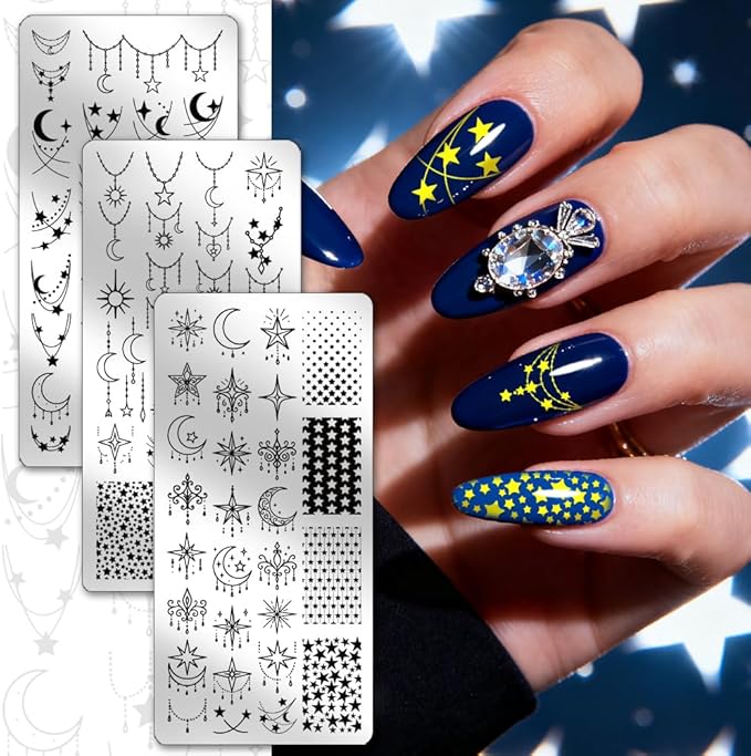 PH PandaHall 3pcs Moon Star Nail Stamping Plates, Mysterious Star Moon Line Nail Art Templates Stainless Steel Image Plate Art Stencils with Tools for Women DIY Print Manicures Salon Design Supplies