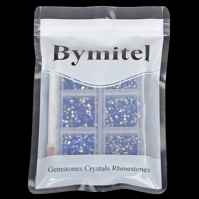 Bymitel 7200 Pieces 6 Mixed Sizes Glue Fix on Glass Rhinestones Round Crystal Gems Flatback for DIY Jewelry Making with one Picking Pen (6-Sizes 7200PCS, Sapphire)