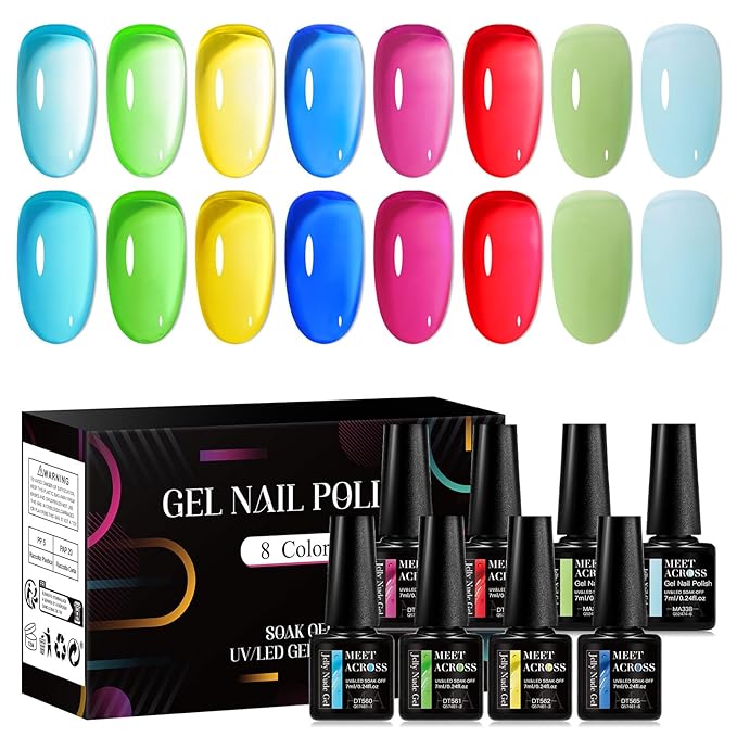 MEET ACROSS Neon Jelly Gel Nail Polish Nude Crystal Gel Polish Hot Pink Red Blue Purple Nail Art Manicure Gifts for Women 8 Colors