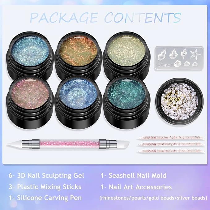 3D Sculpting Gel for Nail Art, 6 Iridescent Aurora Glitter Colors, Non-Sticky Solid Builder Hard Gel for 3D Nail Designs, with Silicone Carving Pen, Seashell Mold, Rhinestones & Pearls
