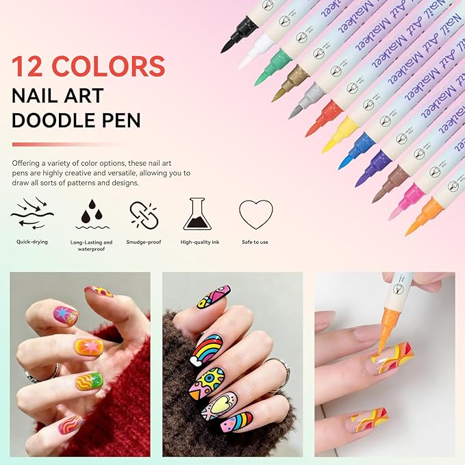 12 Colors Nail Art Pens Set, 3D Nail Polish Pens, Double-ended Nail Markers, Quick-Drying Acrylic Paint Markers, Drawing Painting Dotting Liner for DIY Nail Design, Home & Salon Manicure Tools