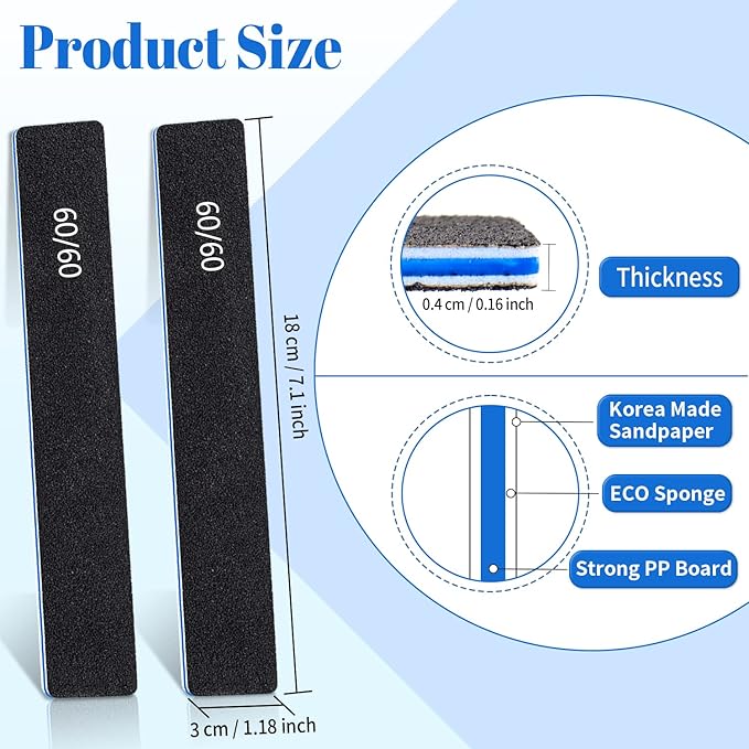 Black Rectangle 60/60 Grit Nail Files, 50 Pcs Professional Double Sided Emery Board, Reusable Washable Coarse Tool for Acrylic & Gel Nails, Home Salon Application