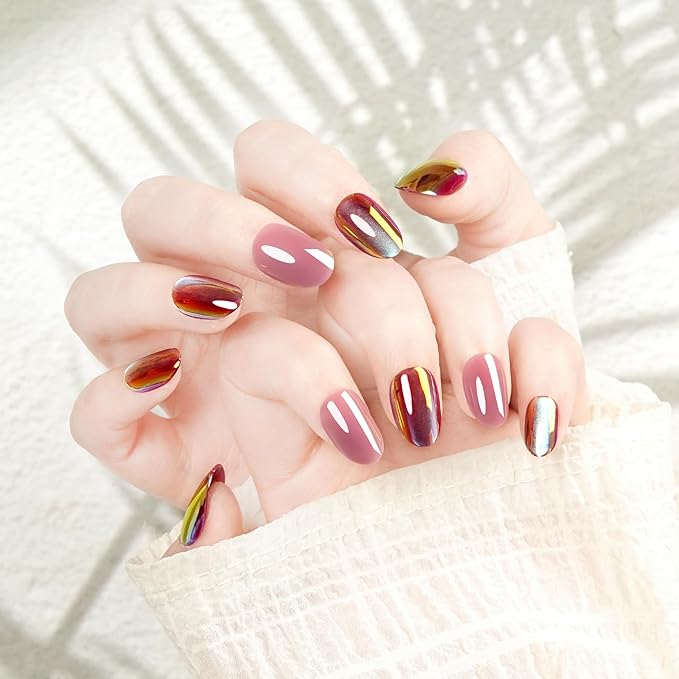 Short Oval Press On Nails Red - Cat Eye Iridescent Nails With Glue Reflective Look, Designed For Women And Teens, For Weddings, Proms, Birthdays, And Date Nights, 24 Nails In 12 Sizes