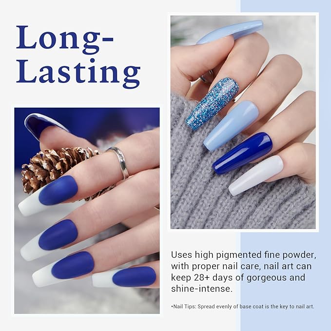 AZUREBEAUTY Dip Powder Nail Kit Winter White Navy Blue Glitter 4 Colors Acrylic Dipping Powder Liquid Set with Base/Top Coat Activator for French Nail Art Manicure DIY Gift for Women