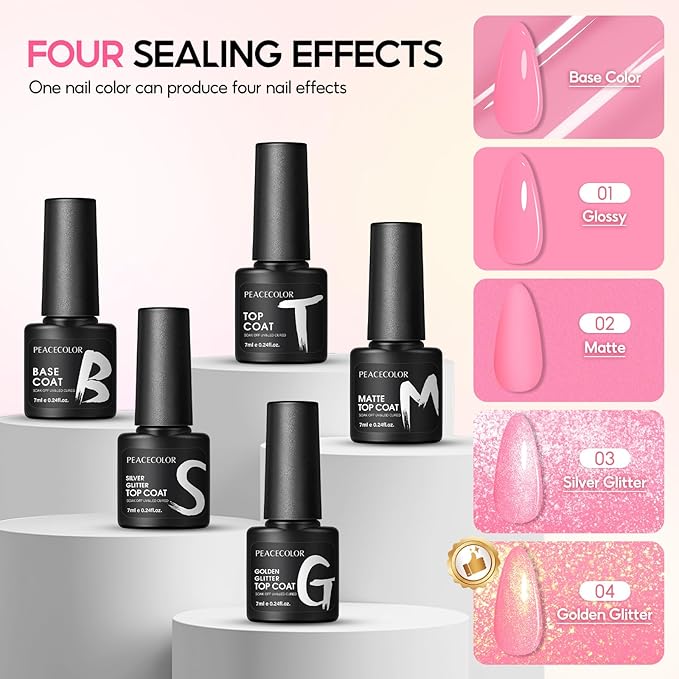 PEACECOLOR 40PCs Gel Nail Polish Set 35 Neon Colors Red Green Pink Yellow Gel Polish with 5Pcs Glossy/Matte/Glitter Top Base Coat Long Lasting Nail Gel Kit Gifts for Women DIY Home Salon