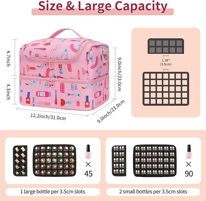 Nail Polish Organizer Case - Holds 45-90 Bottles & UV Nail Lamp, Nail Tech Organizers And Storage Bag for Nail Supplies & Manicure Kit & Pedicure Tools, Nail Technician Case (Cartoon Pink, 45 Slots)