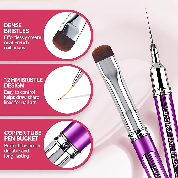 Nail Art Brushes Set 2-Piece: French Tip Brush and 12mm Liner Brush for Gel Clean Up, Smile Lines & Nail Design (Purple)