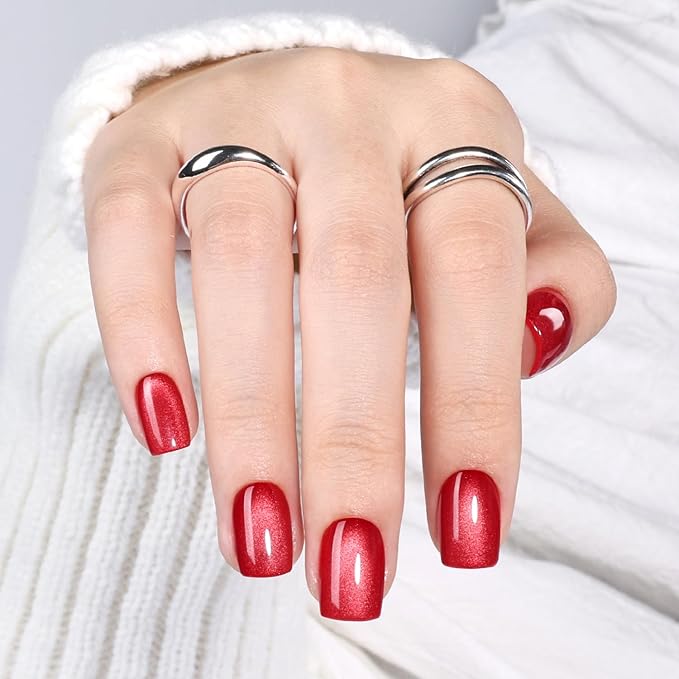 Red Cat Eye Press On Nails - Short Square Press on Nails Crimson Nails Press Ons for Women Glossy Fake Nails Kit with Glue, DIY Glue on Nails Short in 15 Sizes - 30pcs, Velvet Red