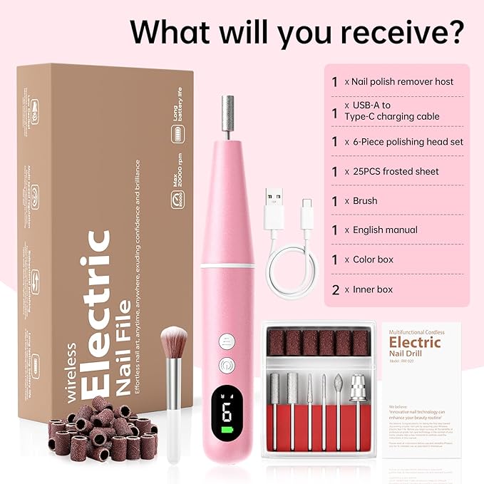 Electric Nail Drill Kit, Electric Nail File Cordless Nail Drill Machine for Acrylic Gel Dip Powder Nails, Professional Portable Manicure Pedicure Rechargeable Lightweight for Home Salon Use