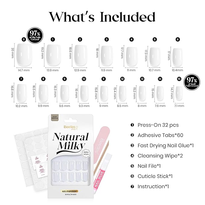 Beetles Natural Milky White Press On, Short Squoval Press On Nails, Soft Nail Gel Nail Kit with Fast-Dry Nail Glue & Adhesive Tabs, 32pcs 16 Sizes, Girls Stick On Nails for Women