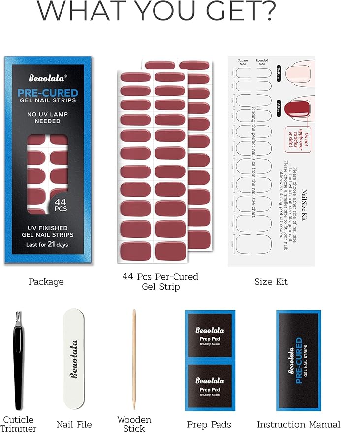 Real Gel Nail Strips (No UV Light Needed) - 44Pcs Salon Quality Nail Stickers - Long Lasting Polish Wraps for Women, Easy Apply & Remove (Oxblood Brown）
