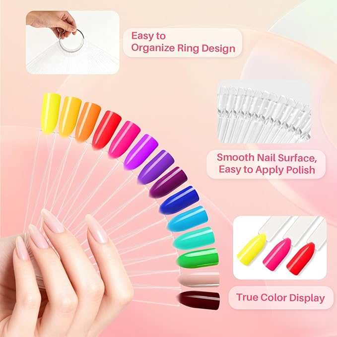 200PCS Nail Swatch Sticks - Clear Nail Color Swatches with Ring Acrylic Fan Shape Nail Polish Sample Swatches Nail Practice Stick Gel Polish Display Stick for Technician Beginner Home Salon Use