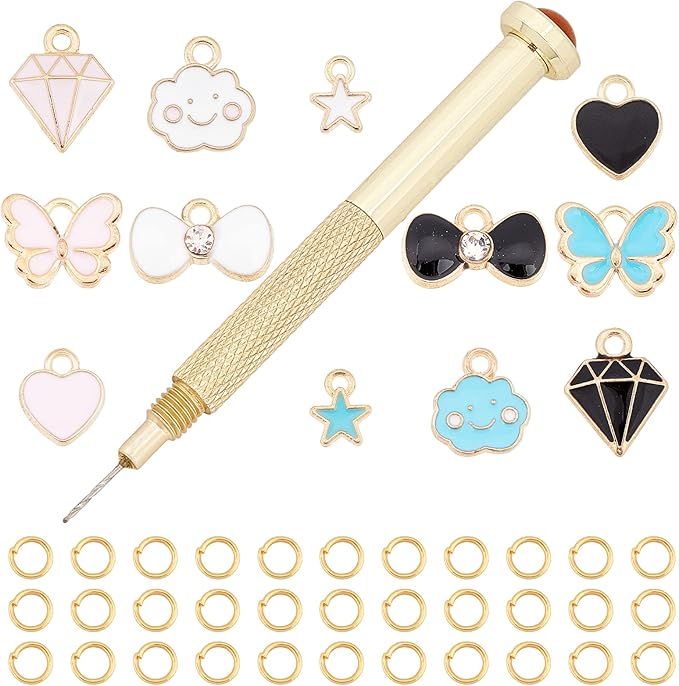 SUNNYCLUE 1 Box 270Pcs Nail Piercing Charms Set Art Pierced Tools Star Heart Butterfly Alloy Enamel Charms Dangle Hand Drill Jump Rings for Fingernail Jewelry Decorations Crafts Supplies