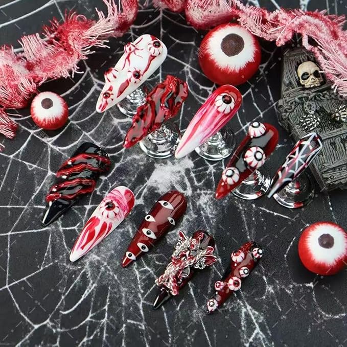 100% Handmade Press on Nails Long Stiletto Halloween Fake Nails with Evil Eye Charms Design Red Black Ombre False Nails Acrylic Handmade Nail Press Ons for Women Girls Manicure Size M