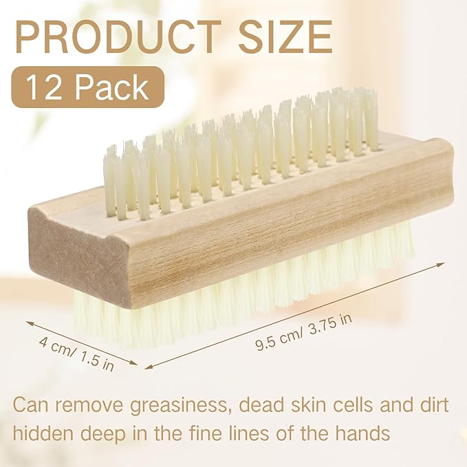 Patelai 12 Pack Wooden Nail Brush Bulk Two-sided Hand Fingernail Brush Non-slip Wood Heavy Duty Stiff Nail Scrubber for Nails and Toes Cleaning, Hand Scrub Brushes for Travel