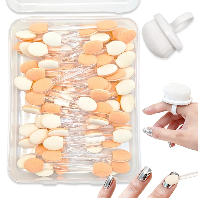 White 50PCS Chrome Nail Powder Applicators & Nail Dust Brush, Dual-Ended Chrome Powder Applicator for Nails, Soft Latex Sponge Eyeshadow Applicators for Mirror and Glitter Effects