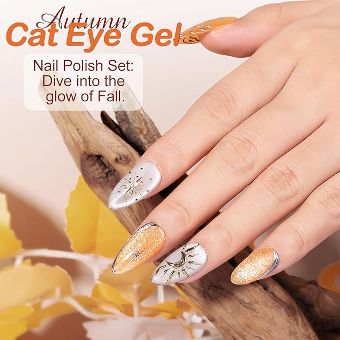 NXJ INFILILA Magnetic Cat Eye Gel Nail Polish Set of 4 Colors 15ML Bottles - Fall Winter Purple Green Silver Orange Sparkle Galaxy Nail Polish Kit for LED/UV Lamp, DIY Nail Art Manicure Supplies