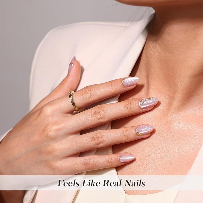 Nude Cat Eye Press on Nails Short - SHANGMENG 3D Gold Sculpting Almond Press on Nails for Women, Opaque Soft Gel Glue On Nails in 16 Sizes - 32 Fake Nails Kit with Glue, Gilded Glyphs