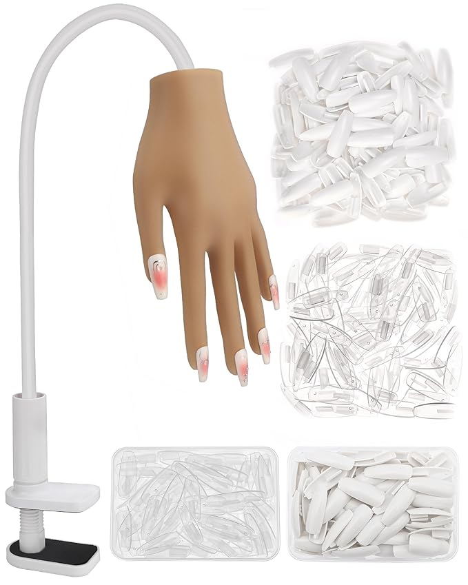 Practice Hand for Acrylic Nails, Silicone Hand for Nail Practice, Nail Tips Won't Fall off Nail Hand, Flexible Nail Practice Hand for Beginners, With 200PCS Nail Tips