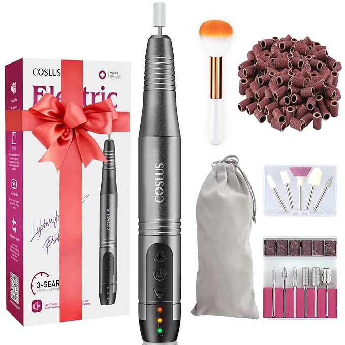 COSLUS C20 Cordless Nail Drill Electric File: Professional for Acrylic Gel Dip Powder Nails Portable Nail Drill Machine Kit for Manicure Pedicure Nail Set with Everything Rechargeable Lightweight
