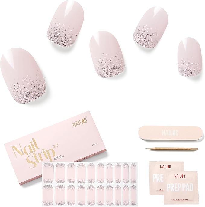 Semi Cured Gel Nail Strips - NAILOG 20 Pcs Pink Glitter Nail Stickers Extra Long Wraps with Glossy Gel Finishing for Spring Summer, Pearl Gleam