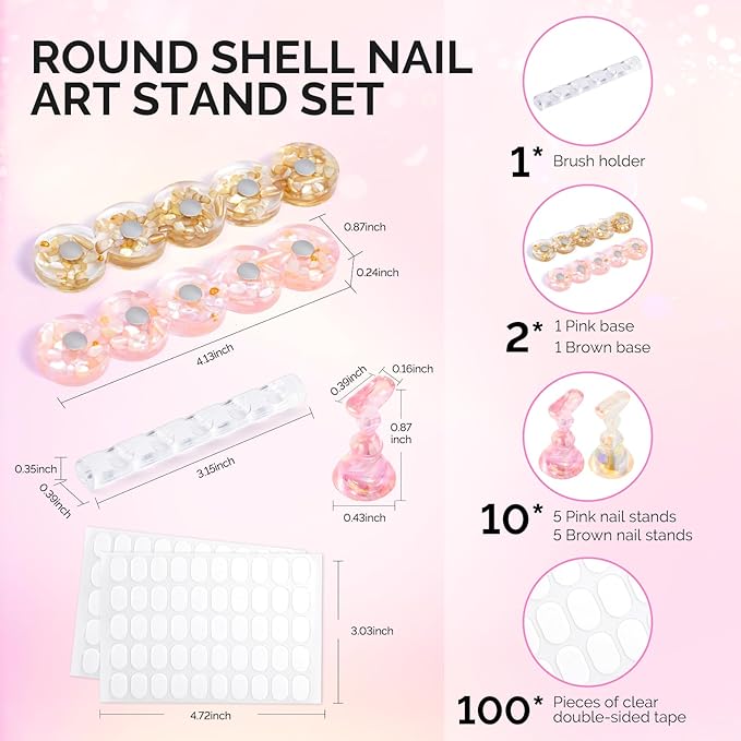 MelodySusie Nail Stand for Press Ons, Round Shell Shape Magnetic Base for Painting Display with Brush Holder and 100 Pcs Reusable Double-Sided Tape for Home DIY Salon Supplies, Pink and Brown