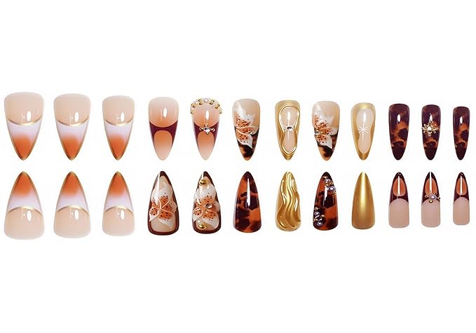 Medium Press on Nails Almond Brown Flowers Stick on Nail for Women 24pcs