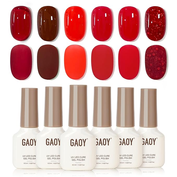 GAOY Red Gel Nail Polish Set, 6 Colors Burgundy Cherry Jelly Glitter, UV Light Cure Gel Polish for Nail Art DIY at Home