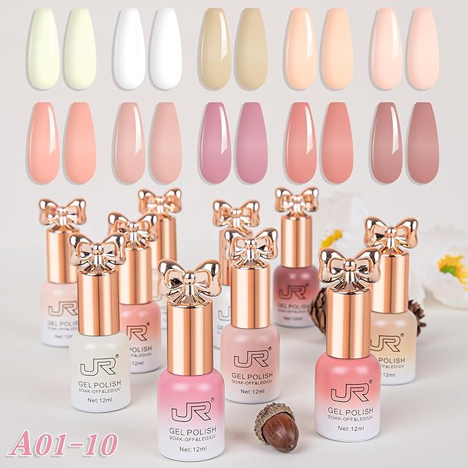 JR HEMA Free Gel Polish 12ml 10colors UV Jelly Nude Pink Gel Polish Set Soak off Gel Nail Polish Semi-Cured Long Lasting Polish Gifts for Women A