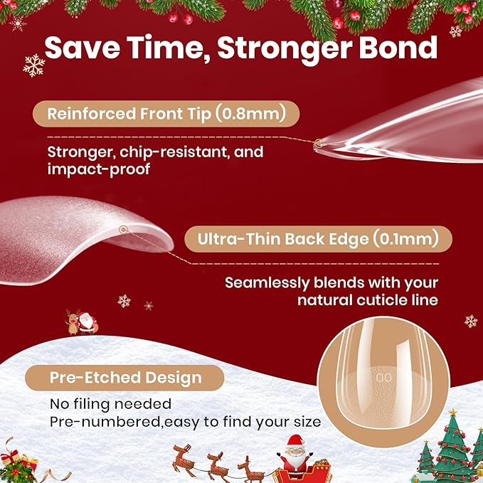 Beetles Gel Nail Kit Flat-X, Almond Short, 320pcs 16 Sizes, with 15g Hands-free Solid Nail Glue Gel, Mini Lamp, Christmas Limited Set, Pre-Etched Half Matte Nail Extension Set for Home DIY