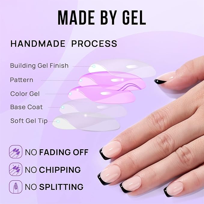 French Tip Press On Nails - BTArtbox Jelly Square Fake Nails with Nail Glue, Reusable Semi-Transparent Stick On Nails in 16 Sizes - 32PCS Soft Gel Glue On Nails Kit, Classic Black