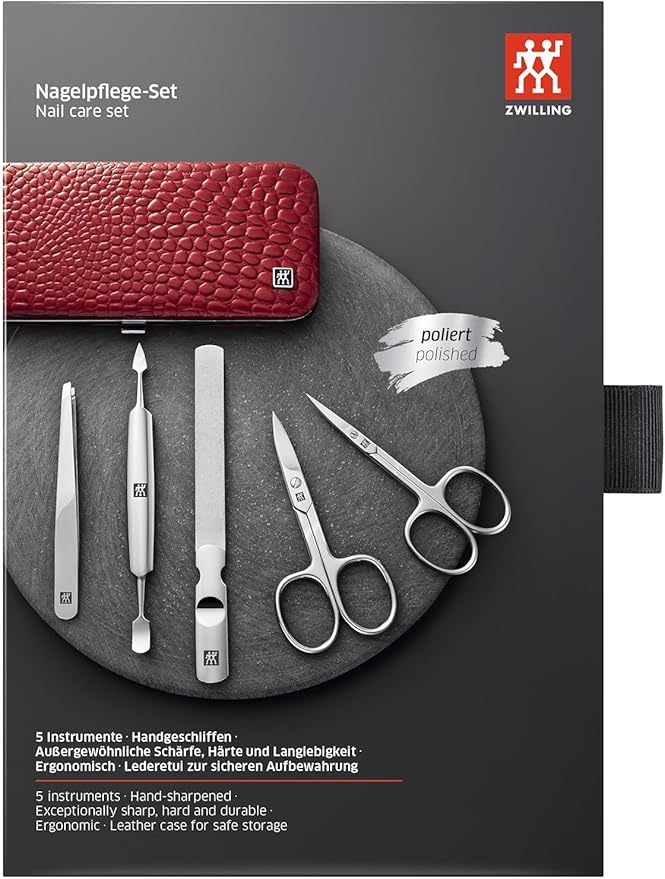 ZWILLING Beauty Classic INOX 5-Piece Manicure Set Pedicure Kit, Stainless Steel Nail Care, Cowhide, Crocodile Edition, Red