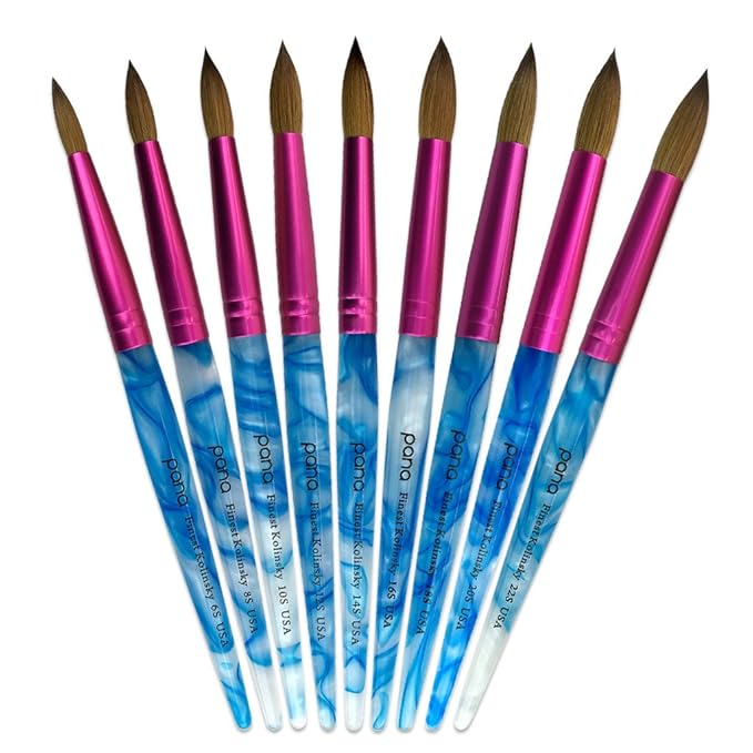 PANA USA Acrylic Nail Brush Pure Kolinsky Hair Acrylic White Swirl Blue Handle with Pink Ferrule Round Shaped - Size 10
